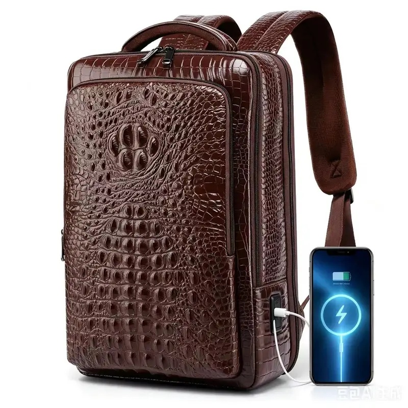 Leather Work Bag - New Men's Crocodile Patterned Leather Laptop