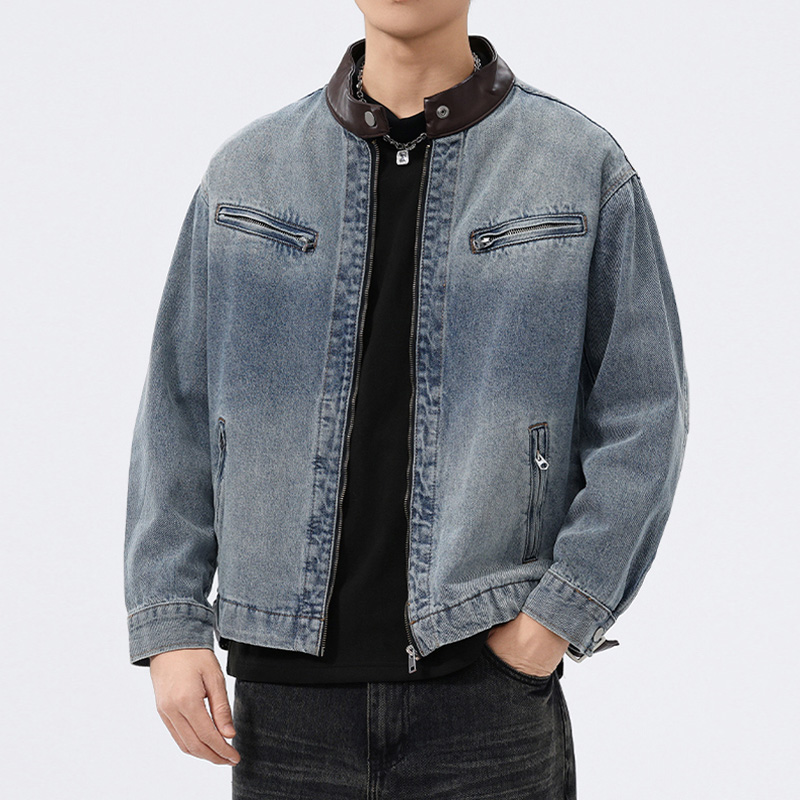 Stand Leather Collar Denim Jac - Leather Work Jacket recension och pris