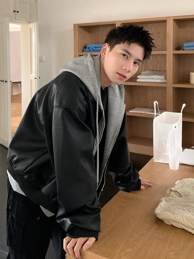 Men's Hooded PU Leather Jacket - Leather Work Jacket recension och pris
